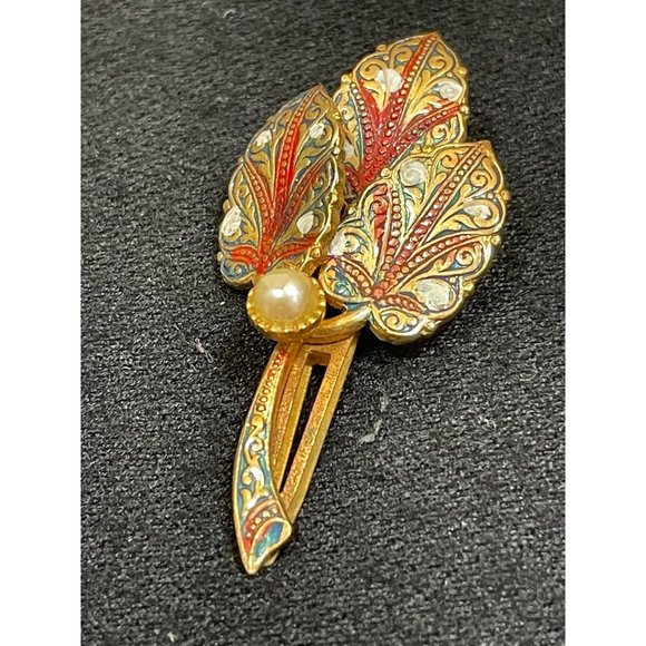 Vintage Spain Damascene Enamel Pearl Hair Clip Rare